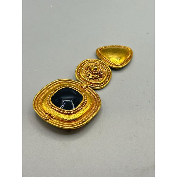 Matte Gold Tone Oversized Pin Brooch Etruscan Revival Geometric Black Enamel - Picture 4 of 6
